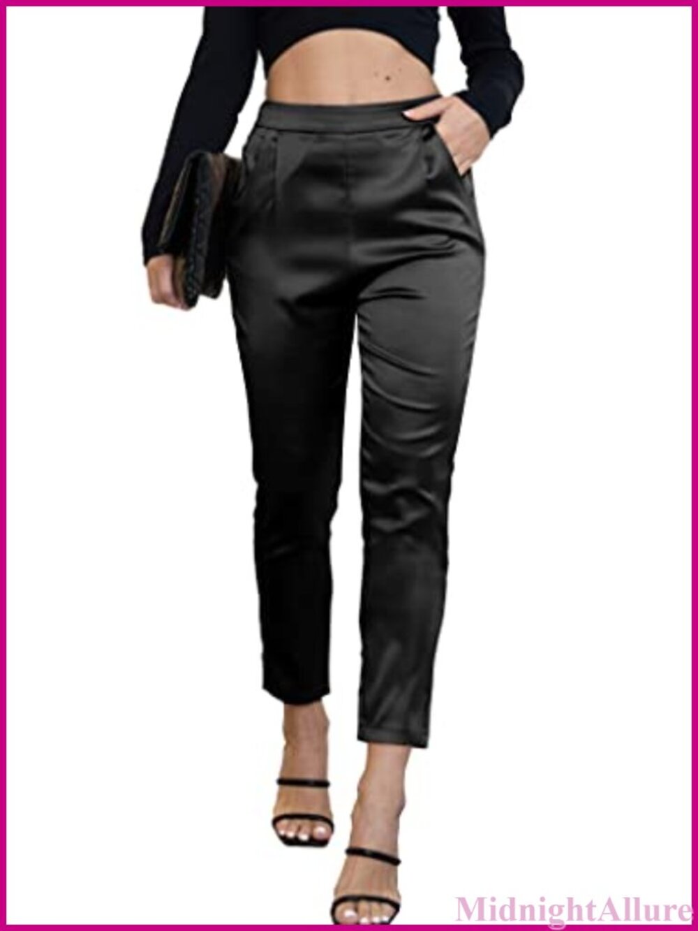 Satin High Waist Pleated Tapered Ankle Pants Pull On Trouser